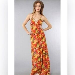 BB Dakota Orange Red Floral Watercolor Maxi Dress V Neck Plunge